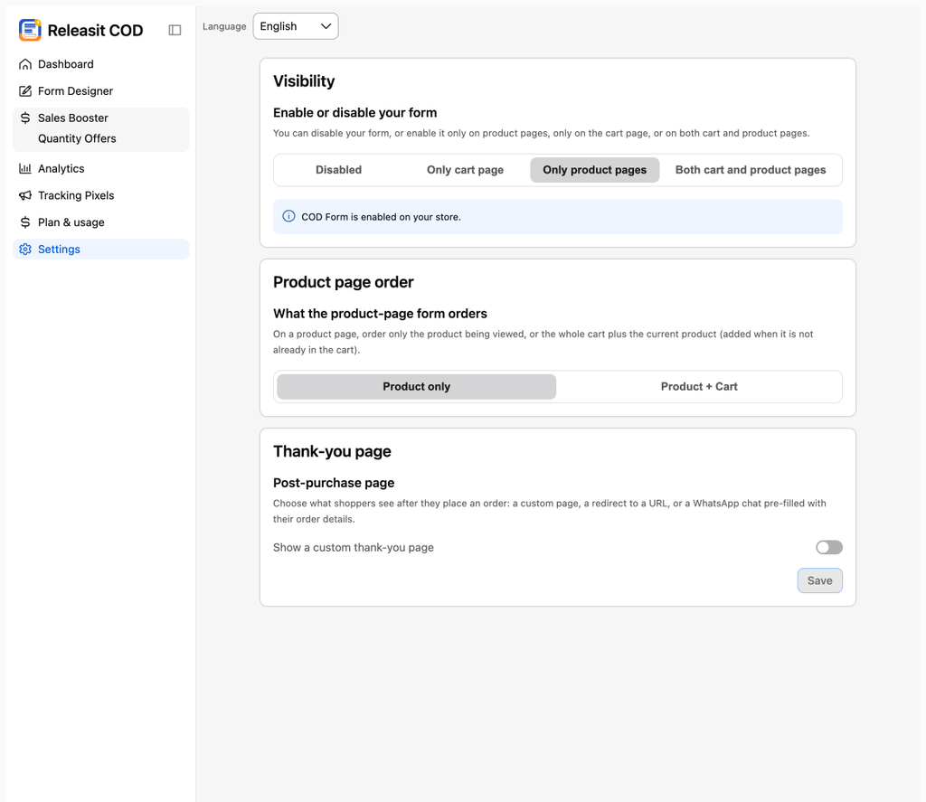 Dashboard with the App status switch