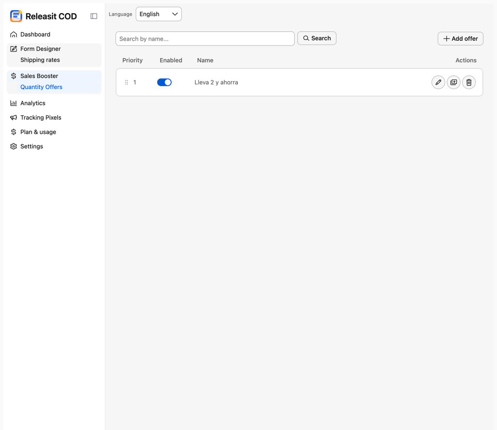 quantity offer configured in the panel