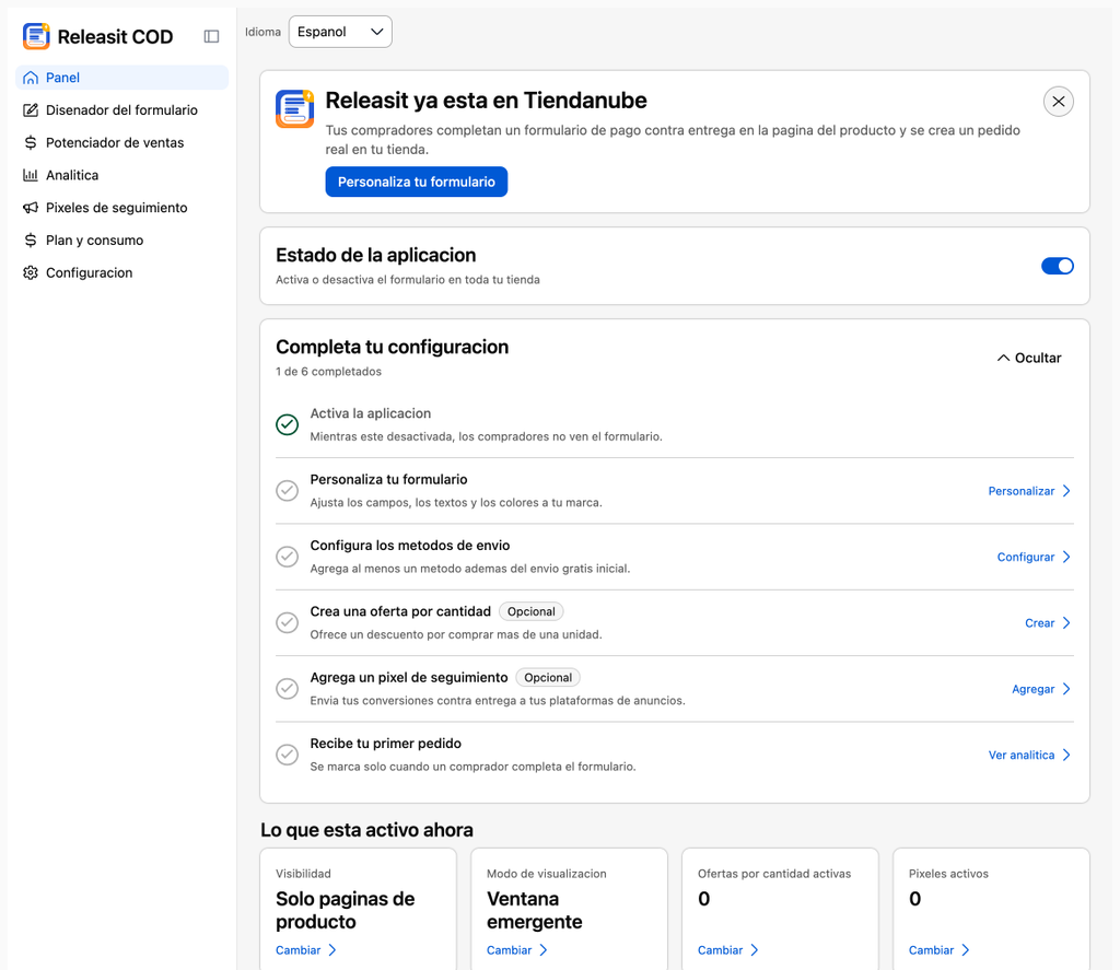 Panel de la app con el menú lateral