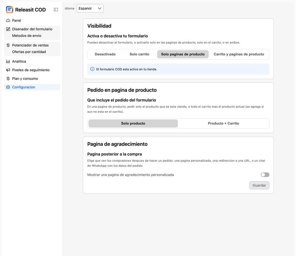 Configuración → Visibilidad