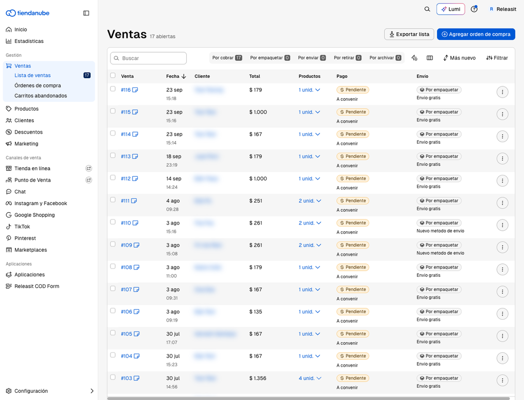 lista de Vendas com um pedido do formulário