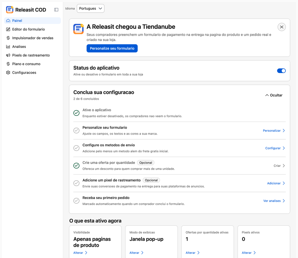 Painel com a chave Status do aplicativo