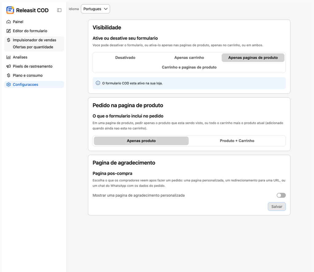 Configurações → Visibilidade