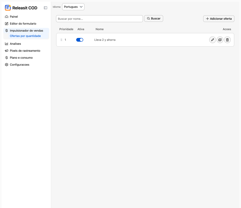 oferta por quantidade configurada no painel