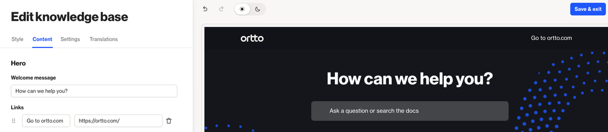 Knowledge base settings - Ortto help